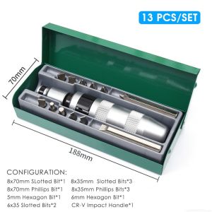 Obeng Ketok Set 13pcs Obeng Set Putar Set S2 Drill Bit Bahan Non-Karat Impact Screwdriver Set Box Besi