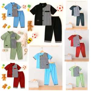 Setelan Muslim Anak Laki-Laki Desain Salur Modern Baju Dan Celana Bahan Katun Usia 1-12 Tahun