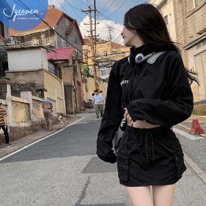 Spice Girls Short Jacket hardshell Jacket Fall Womens suit Black cargo skirt suit two-piece womens suit 辣妹短款夹克冲锋衣外套秋季女套装黑色工装半身裙套裝兩件套女裝