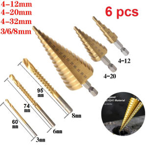 Mata Bor Pagoda Spiral Besi Kuningan Kayu Plastik Step Drill Tingkat Payung Cone HSS 3PCS 5PCS 6PCS 4 12 20 32 3 6 8 Bor Pagoda Spiral HSS Steel Titanium Coated BISA COD 6PCS Set Mata Bor Pagoda Spiral Besi Kuningan Kayu Plastik Step