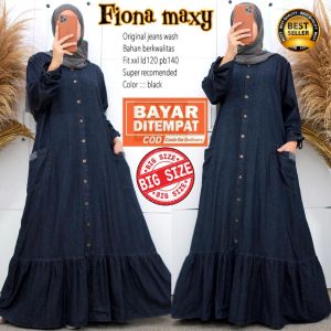 Gamis Wanita Jumbo Jeans Terbaru Gamis Lebaran Ibu Ibu Maxy Dress Muslim Rampel - Fiona Gamis Busui Modern Lengan Serut - Long Dress Bumil Friendly