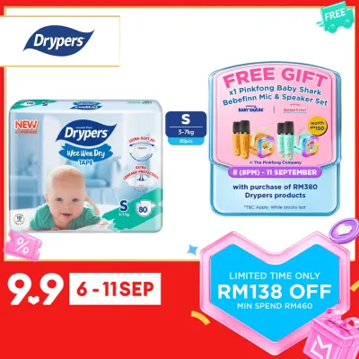 Drypers Wee Wee Dry Baby Tape Diapers NB60/ S80/ M60/ L58/ XL50/ XXL40 (1 Pack) - Super Dry Soft & Fit