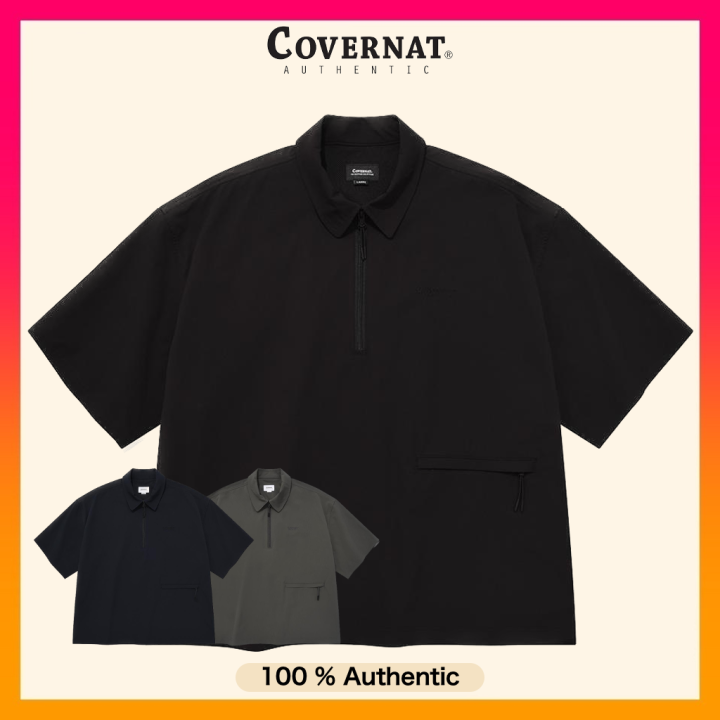 Covernat Unisex Seersucker Zip Up Collar T Shirt - 2 Color