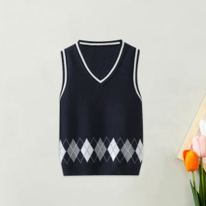 ali9 Childrens School Uniform Sweater Vest College Style British Knitted Vest Navy Blue Boys and Girls Diamond Plaid Vest