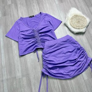 Bộ đi biển nữ BIGSIZE CÔ NHỎ chất thun cotton rút dây giữa váy có quần bên trong cho nàng chuppy 58-95 kg SET28