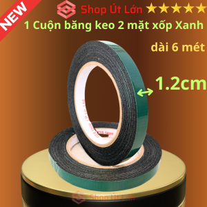1 Cuộn băng keo 2 mặt xốp xanh rộng 1.2cm dài 6 mét độ dầy 1mm lõi giấy 3mm