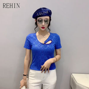 REHIN Áo Nữ Mùa Hè Phong Cách Châu Âu Mới Thời Trang Rỗng Hạt Áo Thun Ngắn Tay Áo Ôm Vừa Vặn