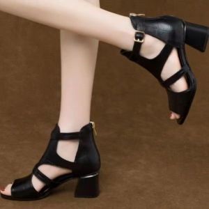 Free Shipping New Fish-Mouth Roman-Style High-Heeled Sandals For Women Featuring A Chunky Heel Openwork Design And A Mid-Heel Perfect For Summer
