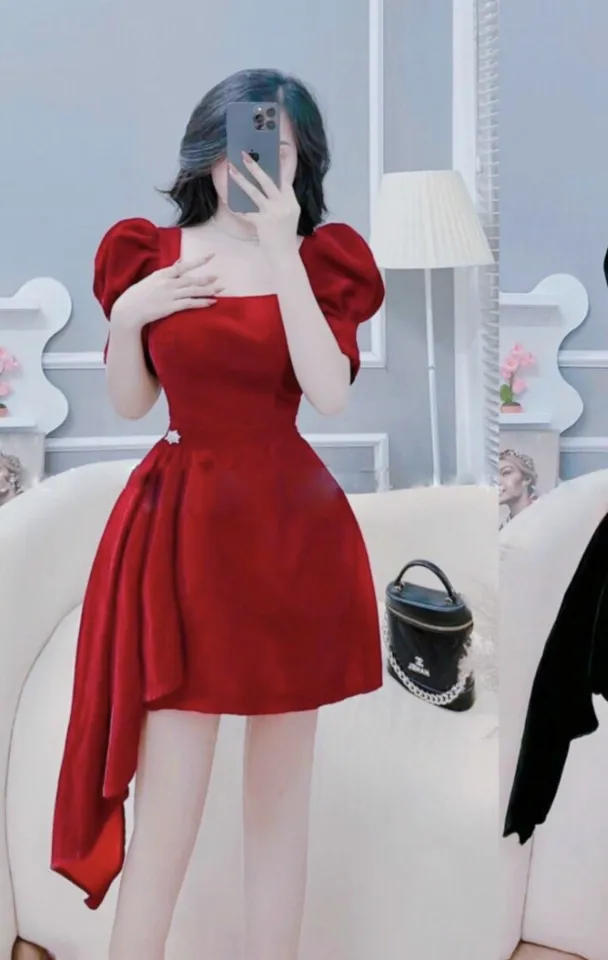 Đầm váy thiết kế dáng suông màu đỏ đô cổ tim - De La Rosa - Đầm, váy nữ |  ThờiTrangNữ.vn