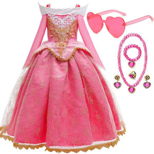 2026 Sleeping Beauty Aurora Princess Dress Girl Cosplay Off Shoulder Kids Gifts Fancy Party Girl Baby Fine Lace Dress Set