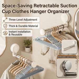 Hanger Storage Holder Adjustable Telescopic Clothes Rack Wall Mounted Reusable Hangers Organizer No Drilling Suction Cup