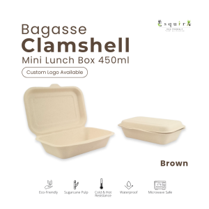 Clamshell Bagasse / Mini Lunch Box / Packing makanan Serat Tebu 450 ml / 10 Pcs / B004
