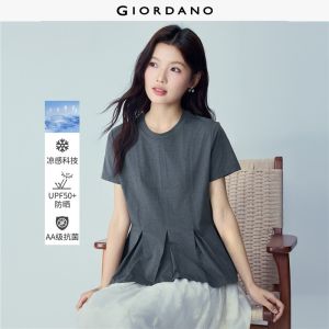 GIORDANO Women T-Shirts Cooling Antibacterial Tee Pleated Hem Short Sleeve Fashionable Casual T-Shirts 13326399