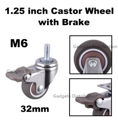 Brown Heavy Duty 32mm 1.25 inch TPE Rubber M6 Swivel Brake Castor Caster Roller Wheels Wheel 2937.1