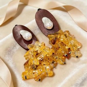 YESMILE 1Pairs Gỗ Bông tai ngọc trai Tassel Drop Pha lê màu vàng. Bông tai phong cách Bohemian Bông tai hạt pha lê Phụ nữ