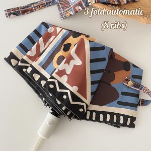 Cute Zoo Animal Checkered Folding Umbrella Automatic & Manual Anti-UV Sunshade Rain Umbrella Travel Lightweight Parasol