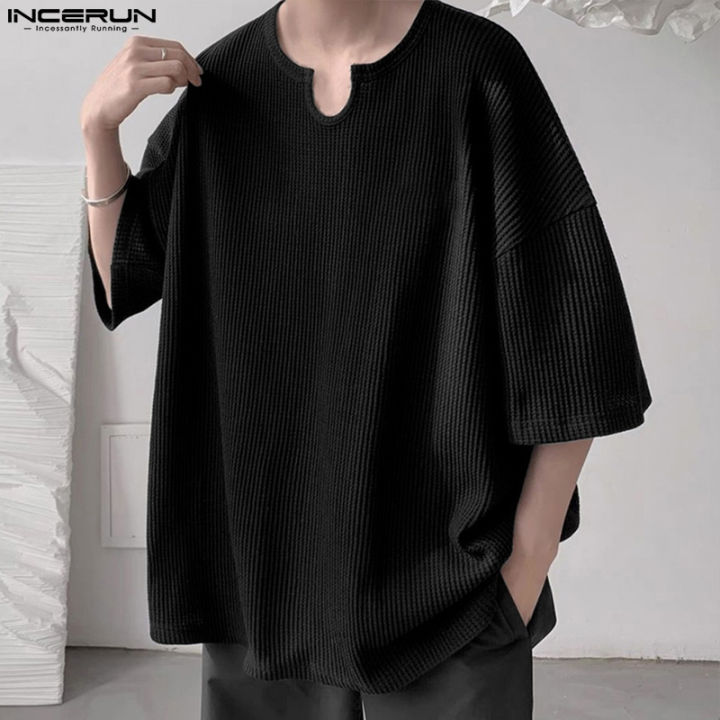 INCERUN Mens Short Sleeve T Shirt Blouse V-Neck Loose Baggy Shirt Holiday  Tops (Korean Style)