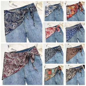LUMINOU Literary Style Cashew Floral Silk Scarf Imitation Silk Versatile Accessory Waist Triangle Scarf Belt Retro Shirt Extender Travel Accessory