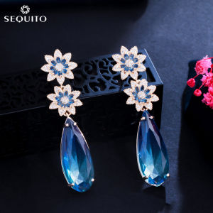 SEQUITO Elegant Two Flower Cubic Zirconia Dangle with Gradual Blue Tear Drop Crystal Big Long Earrings Jewelry for Women Prom Party Dress Accessories SE509