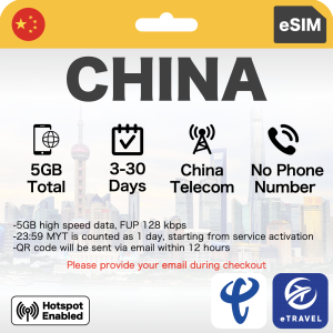 eSIM China 5G Auto VPN Unlimited Data 3-30 Days | eTravel Beijing Shenzhen Guangzhou Shanghai etc