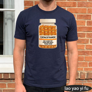 [Local Stock] HBESTY  Cartoon Pill Bottle Graphic Print T-Shirt Catacetamol Funny Kitten Medicine Joke Men Cotton Crew Neck Summer  Cat Lover Gift Tee
