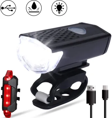 USB Rechargeable LED Bike Light Set Powerful Bicycle Front Headlight and Back Taillight 3 Light Modes Easy to Install for Men Women Kids Road Mountain Cycling Waterproof