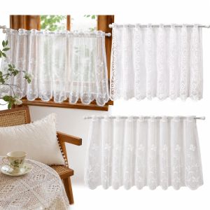 GURUNGMANI Butterfly Print White Lace Curtains Floral Embroidery French Pastoral Style Half-curtain Curtains Double-layer Sheer Window Curtain Home Decor