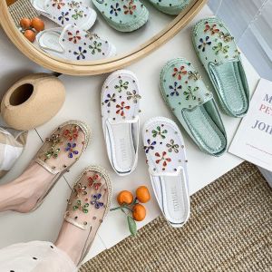 CXL Fashion Beautiful Mules Slippers INS Style Translucent Flowers Pearl Inlay Sandals for Women (Size 35-40)