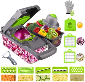 VEGETABLE CHOPPER CUTTER SLICER ONION CHOPPER WITH 7 BLADES AND STRAINER PRO MANUAL GRATER FOOD SLICER CONTAINER 12 IN 1 VEGETABLE SPIRALIZER FRUIT CHEESE POTATO CHOPPER DICER MULTI BLADES KITCHEN
