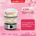 Máy hấp thực phẩm đa năng 2 tầng Magic Korea A-64, dung tích 5L hấp cùng lúc 2 con gà 1.1kg, lồng hấp bằng nhựa PP dễ dàng tháo lắp, nút điều chỉnh thời gian, công suất 500W, bảo hành chính hãng 18 tháng. 
