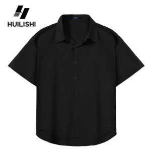 Huilishi Linen mens solid color short sleeved shirt three-dimensional loose fit comfortable and breathable summer short sleeved top lapel shirt