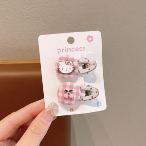 Cute Cartoon Kitty Hair Clips Set for Kids - Adorable Princess Style Barrettes with Checkered Design and Bow Details