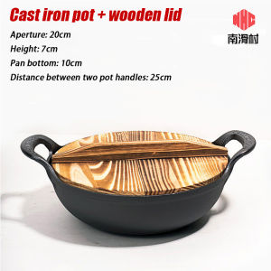 Cast Iron Pan 32cm Cast Iron Double Ear Wok 5.8l Capacity 4.2kg Uncoated With Wooden Lid Gas Induction Compatible Non Stick Deep Frying Pan Skillet Saute Pan Fry Pan 铁锅 炒菜锅