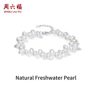 ZHOU LIU FU 周六福 S925 Sterling Silver Freshwater Pearl Bracelets 4-6mm Irregular Oval Natural Pearls Baroque Pearl Link Bracelet for Women 16+3CM X0713548