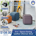 ODOROKU 5 In 1 Leather Ottoman Stool with Wheels Space Saving Stool Foldable Chair Customizable Rectangular Bench Living Room Chair Multiple Pantone Colour Stool Home Decor for Living Dining Bedroom Office and Study. 