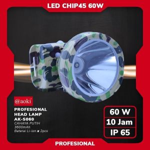 Senter Kepala Premium Professional Headlamp Army Loreng AOKI 60W AK-S060 3600mAh IP68 Cahaya Putih