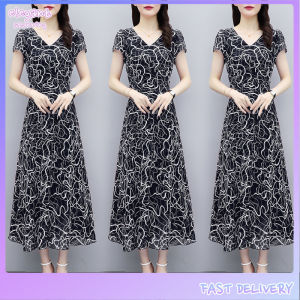elegantstunning Women Short Sleeves Dress Sweet Floral Printing Elegant V Neck High Waist Large Size Dress