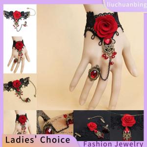 [COD] liuchuanbing Jewellery Hot New Elegant Gothic Style Lace Red Rose Bracelet with Adjustable Finger Ring