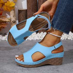 [Free Shipping] New Plus-Size WomenS Sandals With Stitched Detailing Hook-And-Loop Closure Hollow Design Comfortable Thick-Soled Wedge Heels