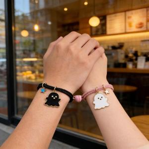 2 Piece Couple Bracelet Set with Cute Ghost Magnets and Black White Rubber Cord Design Adjustable Durable Non Fading Comfortable Wear for Men Women Couples Daily Date Party Birthday Anniversary Valentines Day Romantic Gift for Lover Fashion Accessory