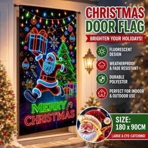 Christmas Door Banner Hanging Flag Santa Claus Fluorescent Polyester Backdrop for Party Home Decor