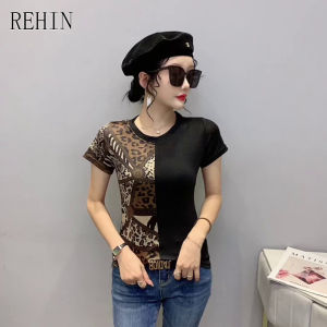 REHIN Womens top leopard print splicing short sleeve T-shirt round neck slim fit elegant cotton blouse