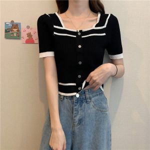 ⚡port⚡ blouses women new style 2025 Fashion womens Square neck stripe elegant knitted croptop korean style button down black white blouses