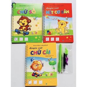 Bộ 3q vở tô viết tự xoá cho bé từ 5-6 tuổi tặng kèm bút cá định vị tay cầm và ngòi