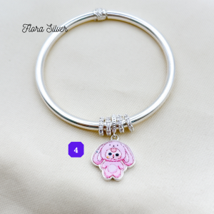 FLORA 0408C - Vòng tay bạc ta mix hình quả cầu phay kim tiề n mix charm hình Baby Three hình thỏ hồng dành cho bé gái