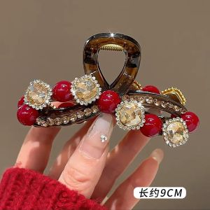 Kẹp tóc càng cua cỡ lớn Ankola đính pha lê và hạt đá quý màu đỏ sang trọng dành cho nữ