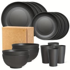 16pcs Unbreakable Plate Set Microwave and Dishwasher Safe Reusable Dinnerware Black Collection - 8 Plates 4 Bowls 4 Cups - Perfect for Camping and Everyday Use