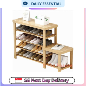 【DAILY ESSENTIAL】 Carved Bamboo Shoe Rack Bench | 3 Tiers or High-Low 5 Tiers