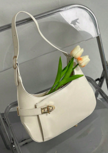 PU Leather Classic Twist Lock Belt Hobo Shoulder Baguette Bag