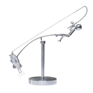 SJJL Metal Kinetic Fishing Sculpture Desk Ornament Handmade Fishing Statue Creative Gift The Fisherman Balancing Sculpture for Home Office Decor